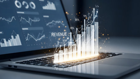 Laptop with glowing business chart on blurry background. 3D renderingの素材