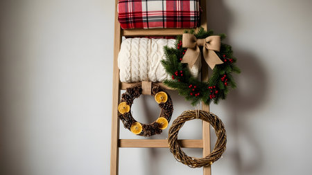 Christmas wreath on a wooden shelf. Christmas decoration. Flat lay.の素材