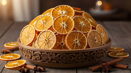 Dried citrus slices in bowl on wooden table, closeup viewの素材