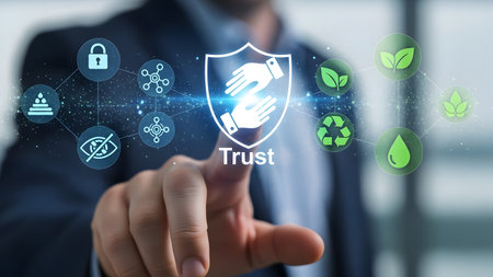 Businessman touching a trust concept on a touch screen with his fingerの素材