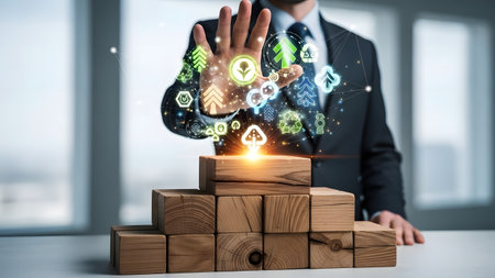 Businessman on blurred background using 3D rendering blocks with digital iconsの素材