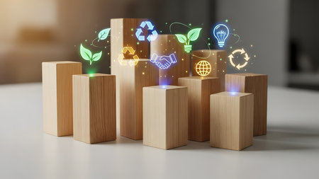 Green energy concept on wooden cubes. 3d rendering toned image double exposureの素材