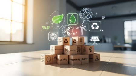 Conceptual image with green eco icons on wooden cubes 3d renderingの素材