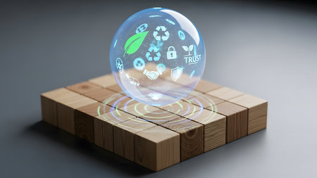 Glass sphere with eco icons and symbols on wooden cubes 3D renderingの素材