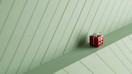 Red gift box on a green background. 3d render illustration.の素材