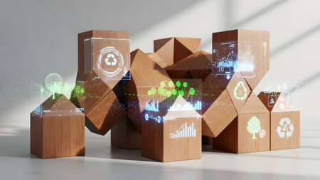 Cubes with graphs and charts in front of dark background 3D renderingの素材