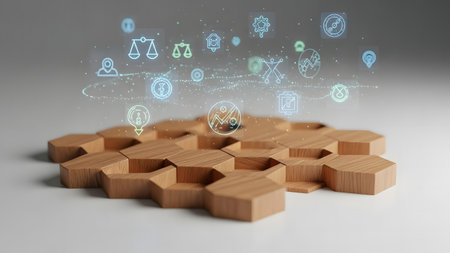 Wooden cubes with business icons and symbols on white background. 3D renderingの素材