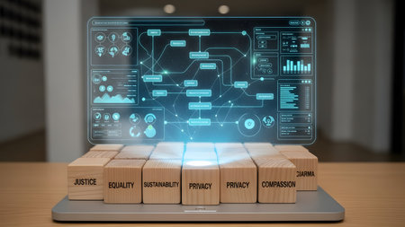 Laptop and wooden blocks with business icons on screen 3D renderingの素材