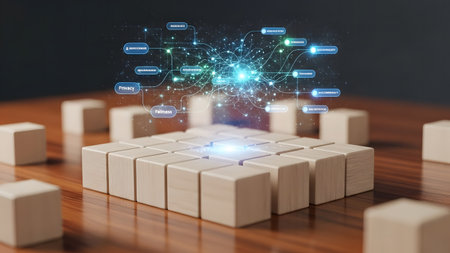 Blockchain technology concept on wooden background. 3d rendering toned imageの素材