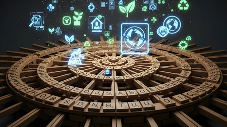 Conceptual image with green eco icons over wooden maze 3d renderingの素材