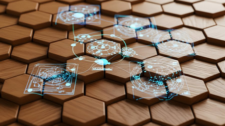 3d illustration of technology background with circuit board and hexagons.の素材