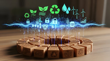 Concept of environmental protection with wooden cubes and icons on the backgroundの素材