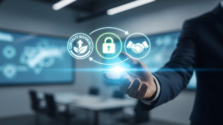 Businessman on blurred background using digital padlock interface 3D renderingの素材