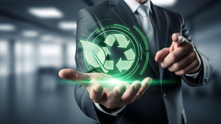 Businessman on blurred background holding green recycling icon in his hand 3D renderingの素材