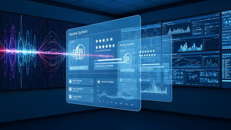 Digital composite of Futuristic interface with graphs and charts in blue roomの素材