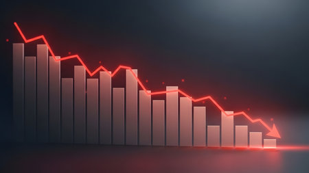3d rendering of a red rising bar graph on dark background.の素材