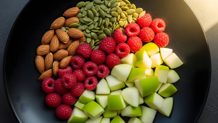 Healthy eating, dieting, vegetarian food and nutrition concept - close up of fruits and nuts on plateの素材