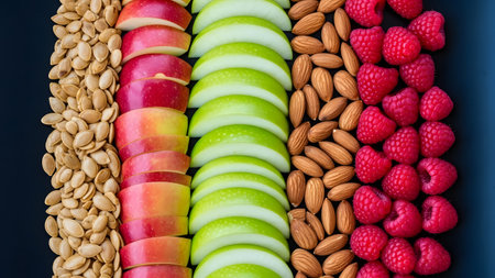 Healthy eating, dieting, vegetarian food and nutrition concept - close up of fruits and nuts on blue plateの素材