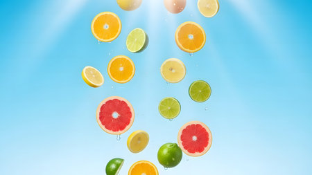 Falling citrus fruits on blue sky background. Lemon, lime, grapefruitの素材