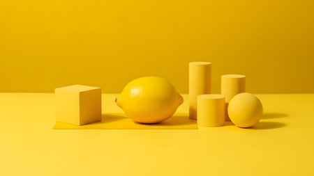 Minimal still life with lemon and geometric shapes on yellow background. 3d renderの素材