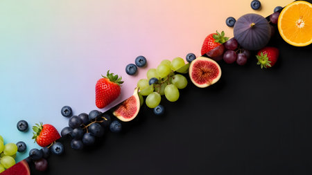 Fruits and berries on a black background with copy space, top viewの素材