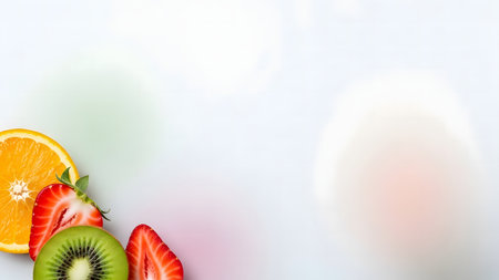 Fruit background with fresh strawberries, kiwi and oranges on white backgroundの素材