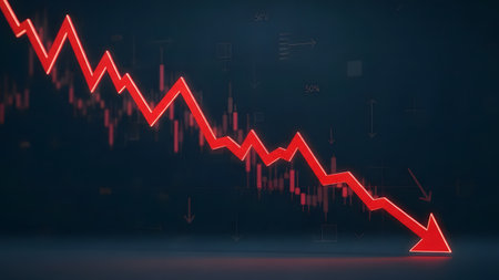 Red arrow pointing down on the stock market graph. 3d renderingの素材