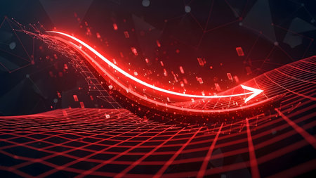 3d rendering of digital red arrow in cyberspace. Futuristic technology conceptの素材