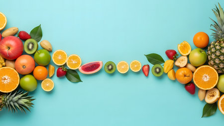 Fruit frame on blue background with copy space. Top view.の素材