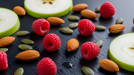 Healthy eating, dieting, vegetarian food and nutrition concept - close up of green apple, red raspberries and pumpkin seeds on slate boardの素材