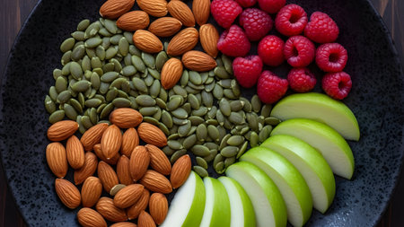 Healthy eating and dieting concept. Almond, raspberry and pumpkin seeds on black plateの素材
