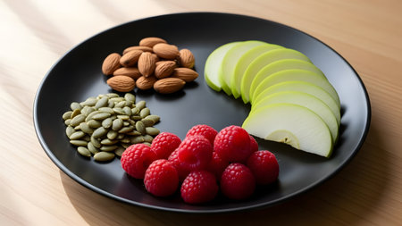 Healthy food concept. Banana, avocado, kiwi, pecan, nuts and yogurt on white wooden backgroundの素材
