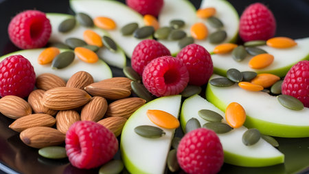 Healthy breakfast with pumpkin seeds, apples, raspberries and almondsの素材