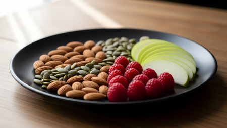 Healthy food concept. Almond, pumpkin seeds, raspberries and green apples on black plateの素材