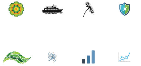 set of icons for travel and tourism with a ship, palm tree, waves, sun, sea
