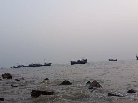 Fishing boats in the sea in the foggy morning, Vietnam