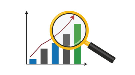 Magnifying glass and growing bar graph. Business analysis concept. Vector illustration.のイラスト素材