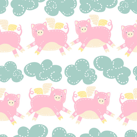 Seamless pattern with cute cartoon piglets.Design for banner, poster or print. Vector hand drawn illustration.のイラスト素材