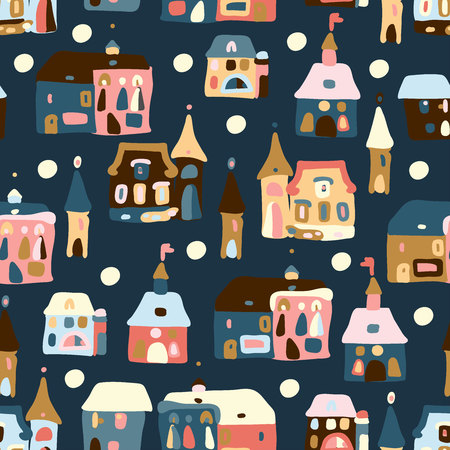 Northern town. Seamless pattern for winter, New Year and Christmas theme. Creative. Hand drawn Christmas background. Vector Illustrationのイラスト素材
