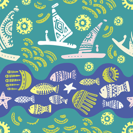 Seamless pattern with cute subject sea and ocean.Template with aquatic inhabitants. Ships and marine inhabitants. Vector graphics.のイラスト素材