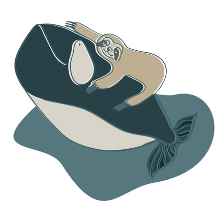 Lenivitz and the whale. Vector design with stylized animals. Can be used for printing on paper, stickers, badges, bijouterie, stickers and t-shirts.のイラスト素材