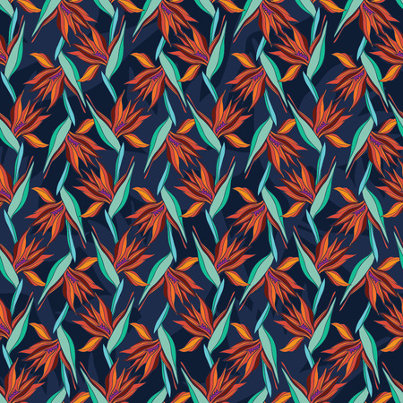Vector illustration with flowers Strelitzia. Seamless pattern with tropical flowers and leaves in bright colors. The design is suitable for clothes, wallpaper, background.のイラスト素材