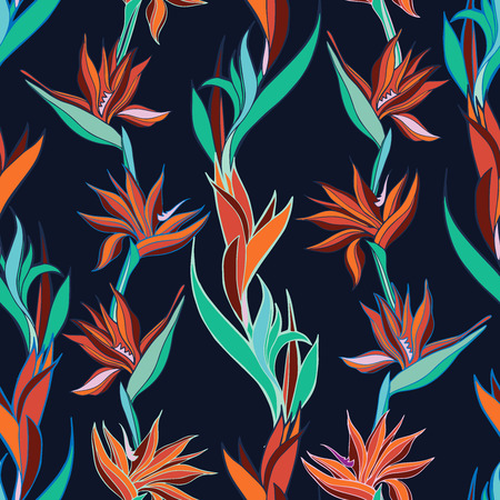 Vector illustration with flowers Strelitzia. Seamless pattern with tropical flowers and leaves in bright colors. The design is suitable for clothes, wallpaper, background.のイラスト素材