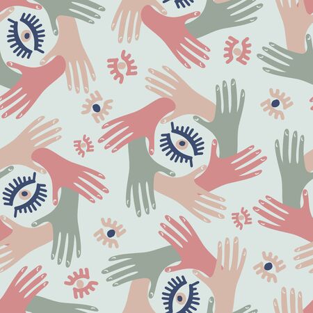 Seamless pattern with squares icon element with hands . Stylized print of a hand print. Can be used for printing on paper, stickers, badges, jewelry, cards, textiles.のイラスト素材