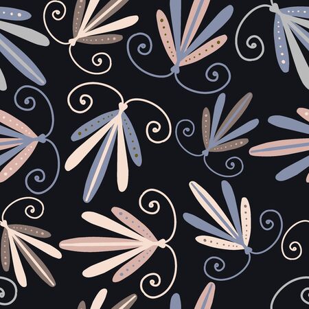 Modern seamless stylized design with abstract dragonflies and flowers. Can be used for printing on paper, stickers, badges, bijouterie, cards, textiles.のイラスト素材