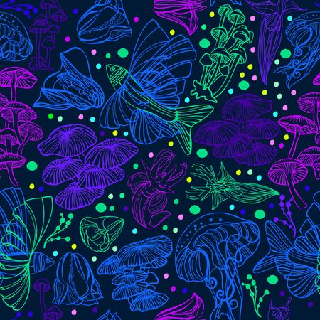 Vector seamless colorful pattern with bioluminescent fish and mushrooms or fungi in dark tones. The design is perfect for wallpaper, clothes,のイラスト素材