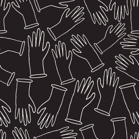 Seamless vector pattern with inverted white lined gloves on a black background. Vector pattern of colorful hands. Perfect for banners, backgrounds, badges, advertisements.のイラスト素材