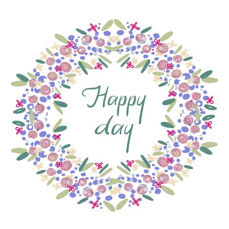 Vector cute isolated design botanical cute garland floral vignette with happy day text on a white background. Perfect for cards, postcards, wedding and graduation invitations and decorations.のイラスト素材