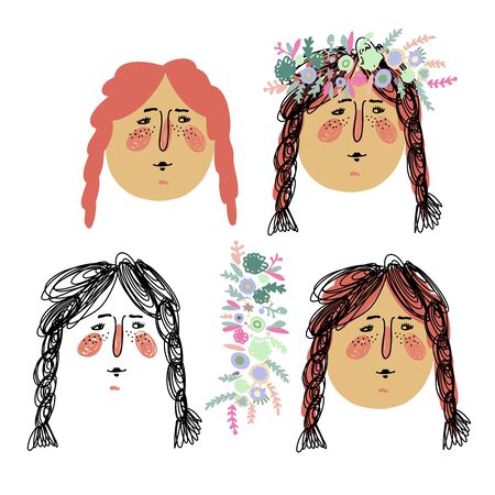 Isolated summer vector set faces of a young girl in different styles, lines, spots and mixed with garland of rose flowers. The design is perfect for stickers, packages, decorations, textiles, surfacesのイラスト素材