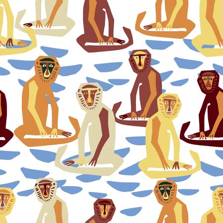 Modern seamless vector design. Colorful pattern with decorative abstract snow monkeys sitting in water. Perfect for printing on paper, stickers, badges, bijouterie, cards, textiles, backgroundsのイラスト素材